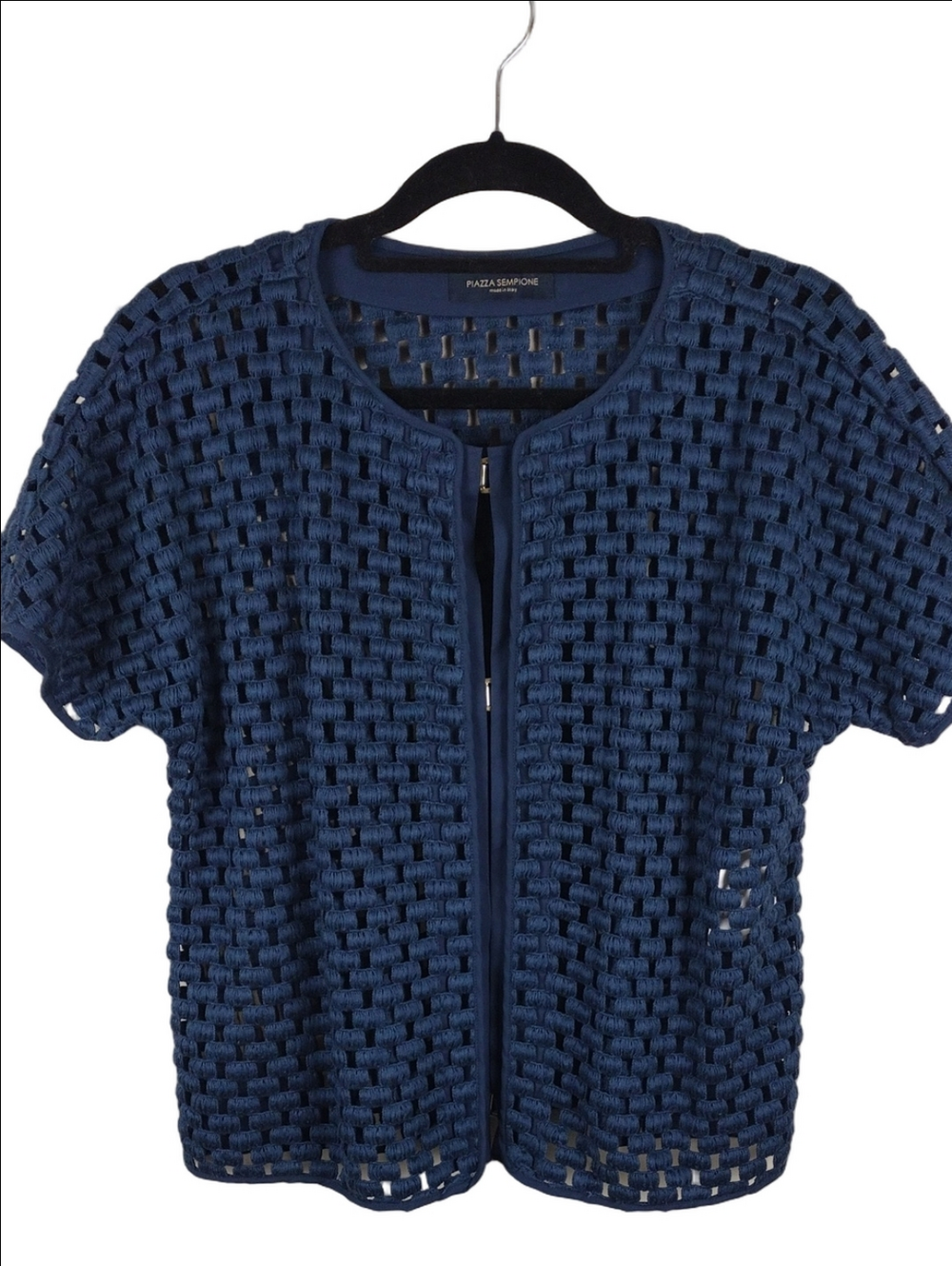 Piazza Sempione Navy Blue Basket Weave Open Knit Short Sleeve Cardigan Sweater